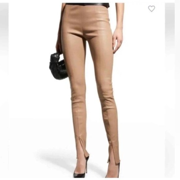 NWT Jason Wu Designer Brown Faux Leather Pants Stretch Front Slits At Ankles M - Picture 1 of 7